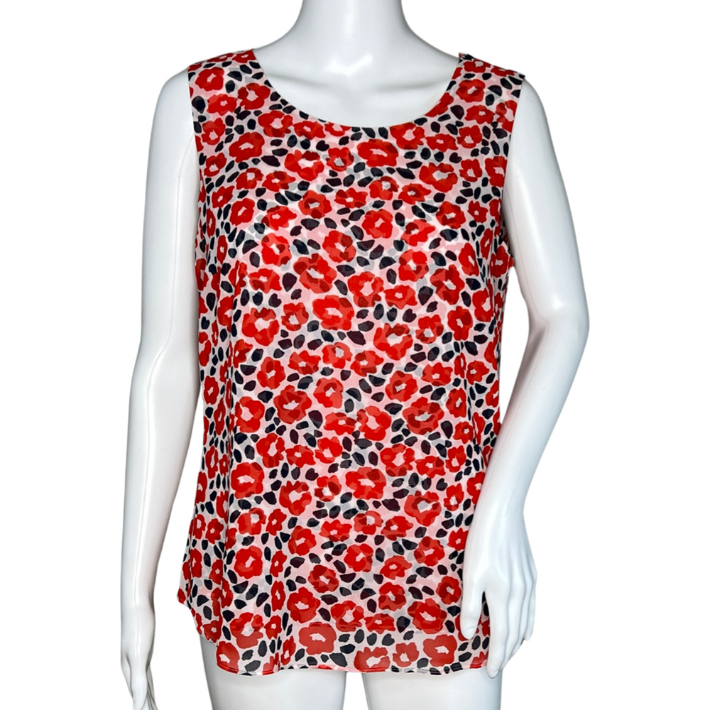 Cabi Shirt Womens Small Red White Floral Flipside Blouse Ruffle Trim Work Casual